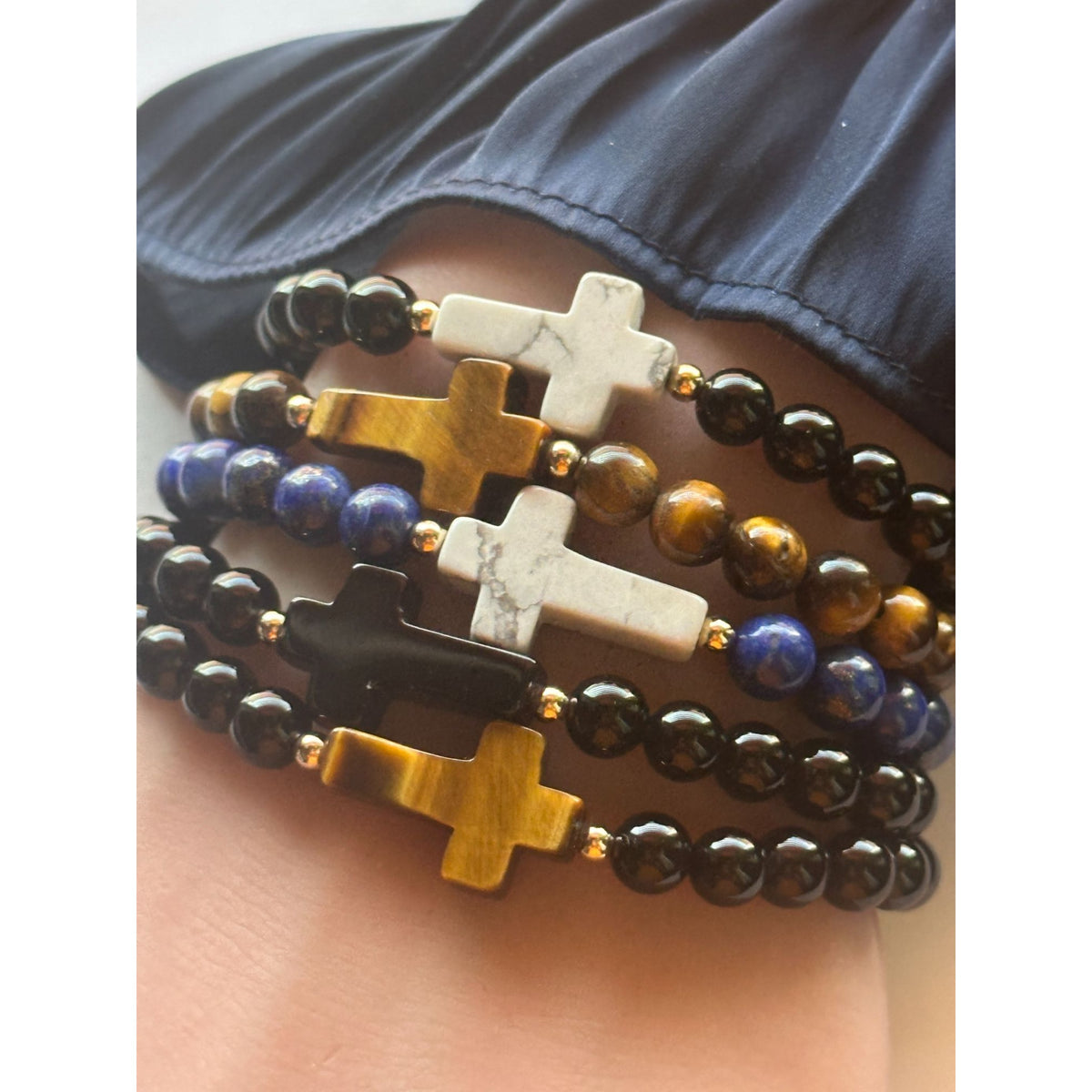 6mm Gemstone Cross Stretch Bracelet with 14K Gold Accents