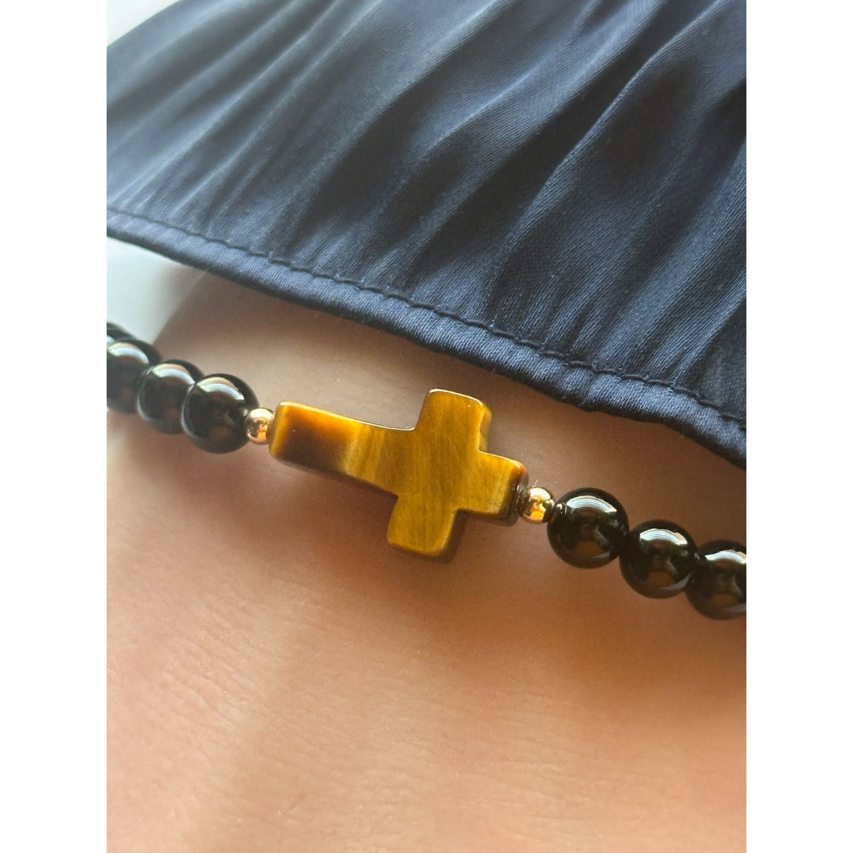 6mm Gemstone Cross Stretch Bracelet with 14K Gold Accents