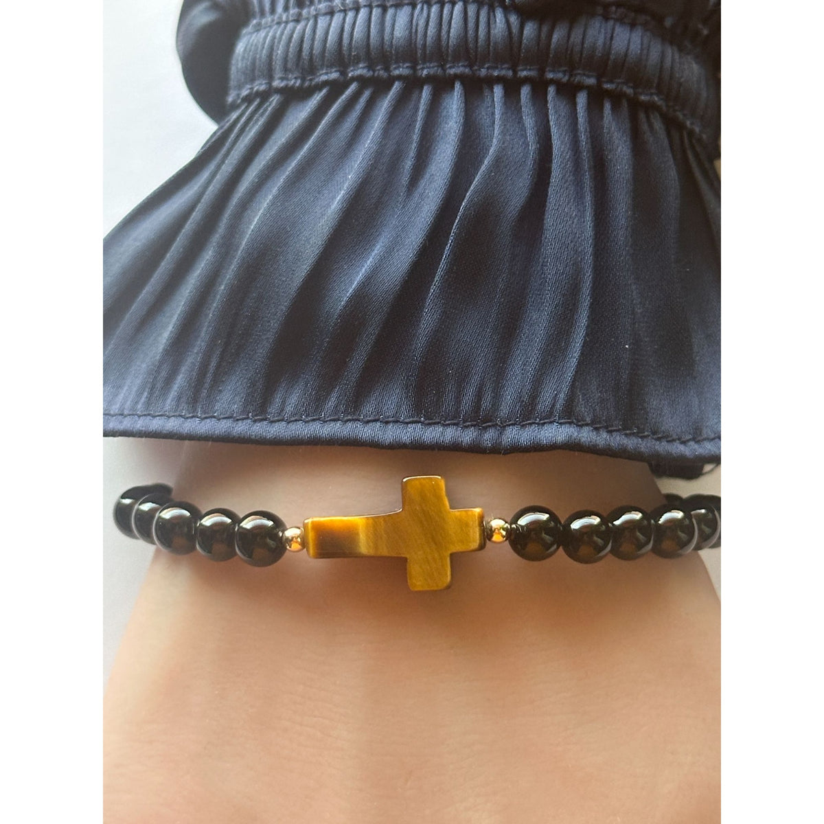 6mm Gemstone Cross Stretch Bracelet with 14K Gold Accents
