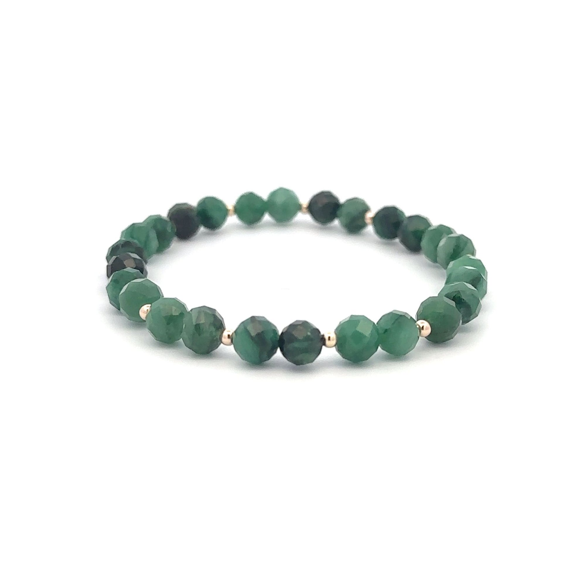 Emerald Micro Faceted  Gemstone Beaded Stretch Bracelet with 14K Gold Accent Beads Handmade Natural Stone Jewelry Size 6.5 inches - Rafant