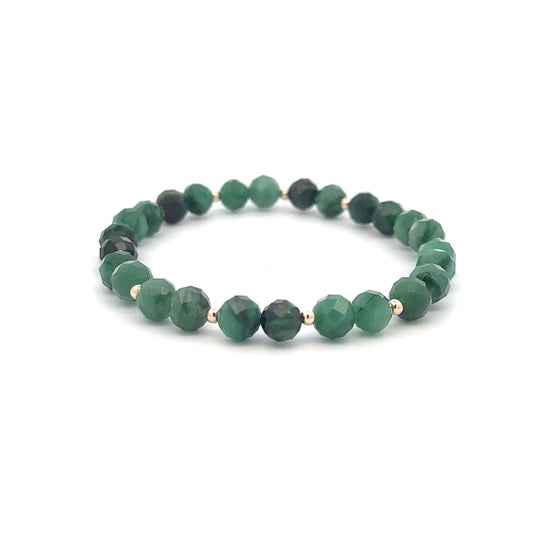 Emerald Micro Faceted  Gemstone Beaded Stretch Bracelet with 14K Gold Accent Beads Handmade Natural Stone Jewelry Size 6.5 inches - Rafant