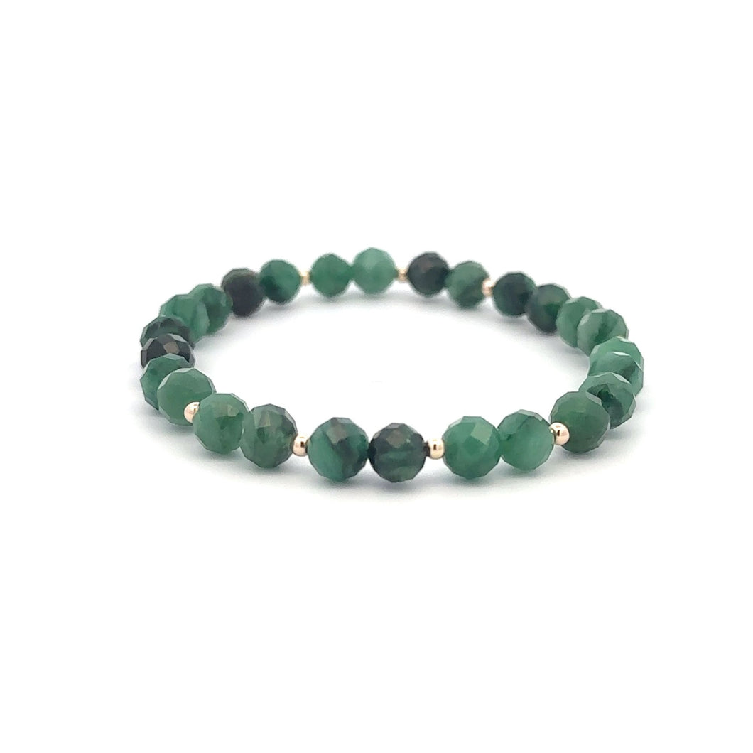 Emerald Micro Faceted  Gemstone Beaded Stretch Bracelet with 14K Gold Accent Beads Handmade Natural Stone Jewelry Size 6.5 inches - Rafant