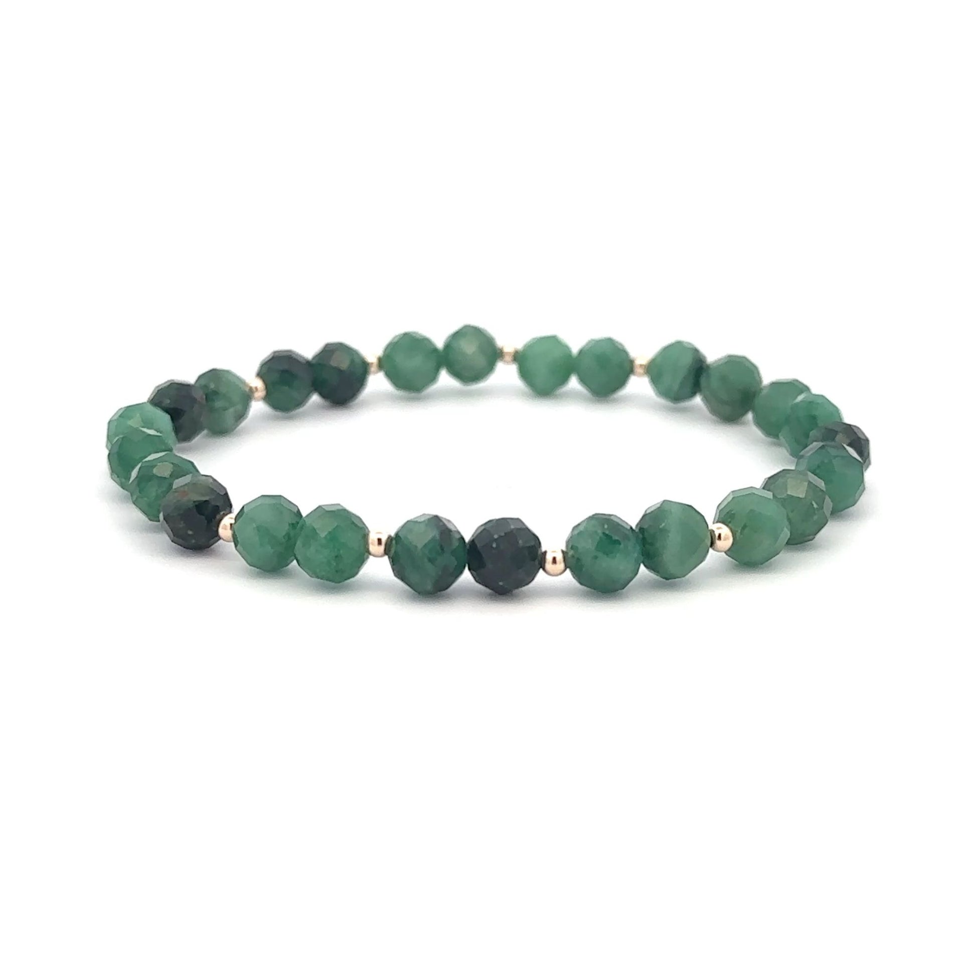 Emerald Micro Faceted  Gemstone Beaded Stretch Bracelet with 14K Gold Accent Beads Handmade Natural Stone Jewelry Size 6.5 inches - Rafant