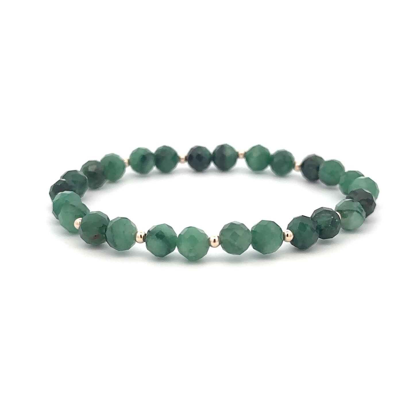 Emerald Micro Faceted  Gemstone Beaded Stretch Bracelet with 14K Gold Accent Beads Handmade Natural Stone Jewelry Size 6.5 inches - Rafant