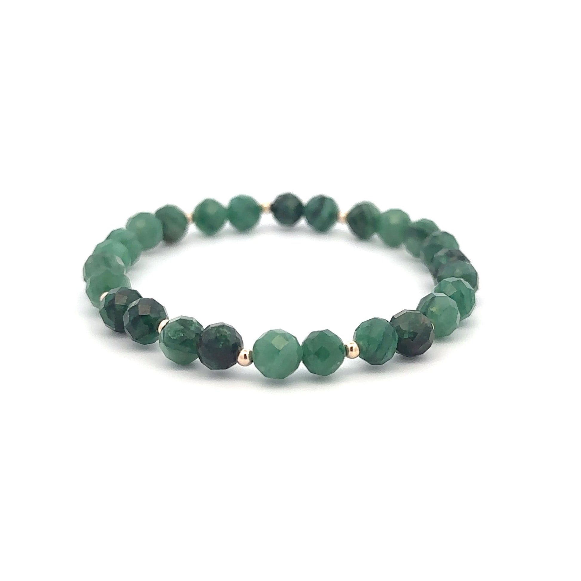 Emerald Micro Faceted  Gemstone Beaded Stretch Bracelet with 14K Gold Accent Beads Handmade Natural Stone Jewelry Size 6.5 inches - Rafant