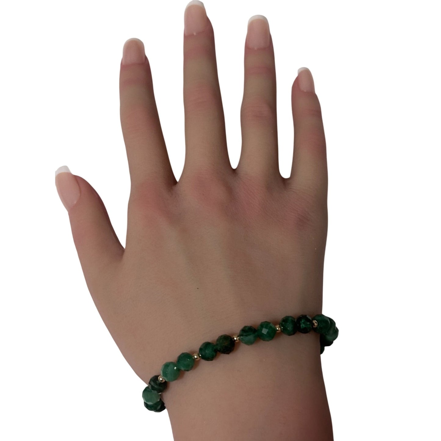 Emerald Micro Faceted  Gemstone Beaded Stretch Bracelet with 14K Gold Accent Beads Handmade Natural Stone Jewelry Size 6.5 inches - Rafant
