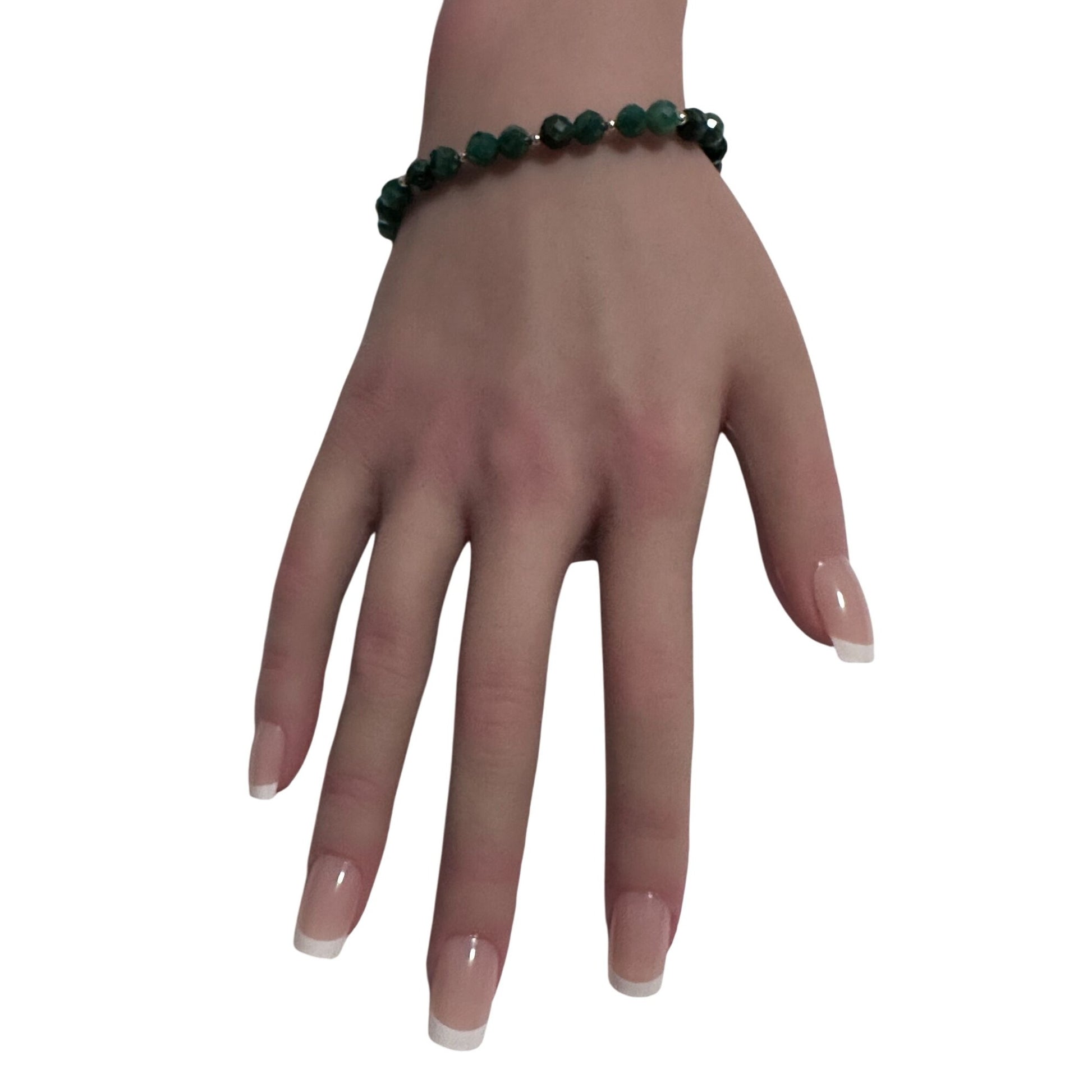 Emerald Micro Faceted  Gemstone Beaded Stretch Bracelet with 14K Gold Accent Beads Handmade Natural Stone Jewelry Size 6.5 inches - Rafant
