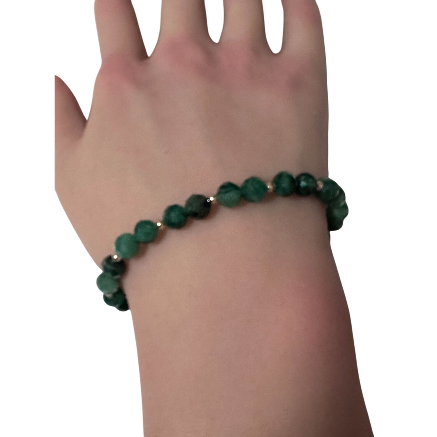 Emerald Micro Faceted  Gemstone Beaded Stretch Bracelet with 14K Gold Accent Beads Handmade Natural Stone Jewelry Size 6.5 inches - Rafant