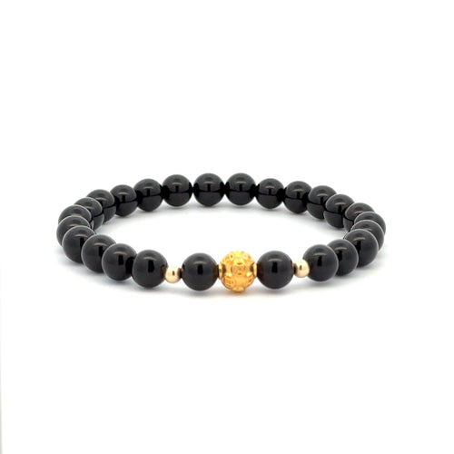 18K Gold Money Ball Lucky Charm Beads Bracelet Gemstones Black Onyx 6mm - Rafant