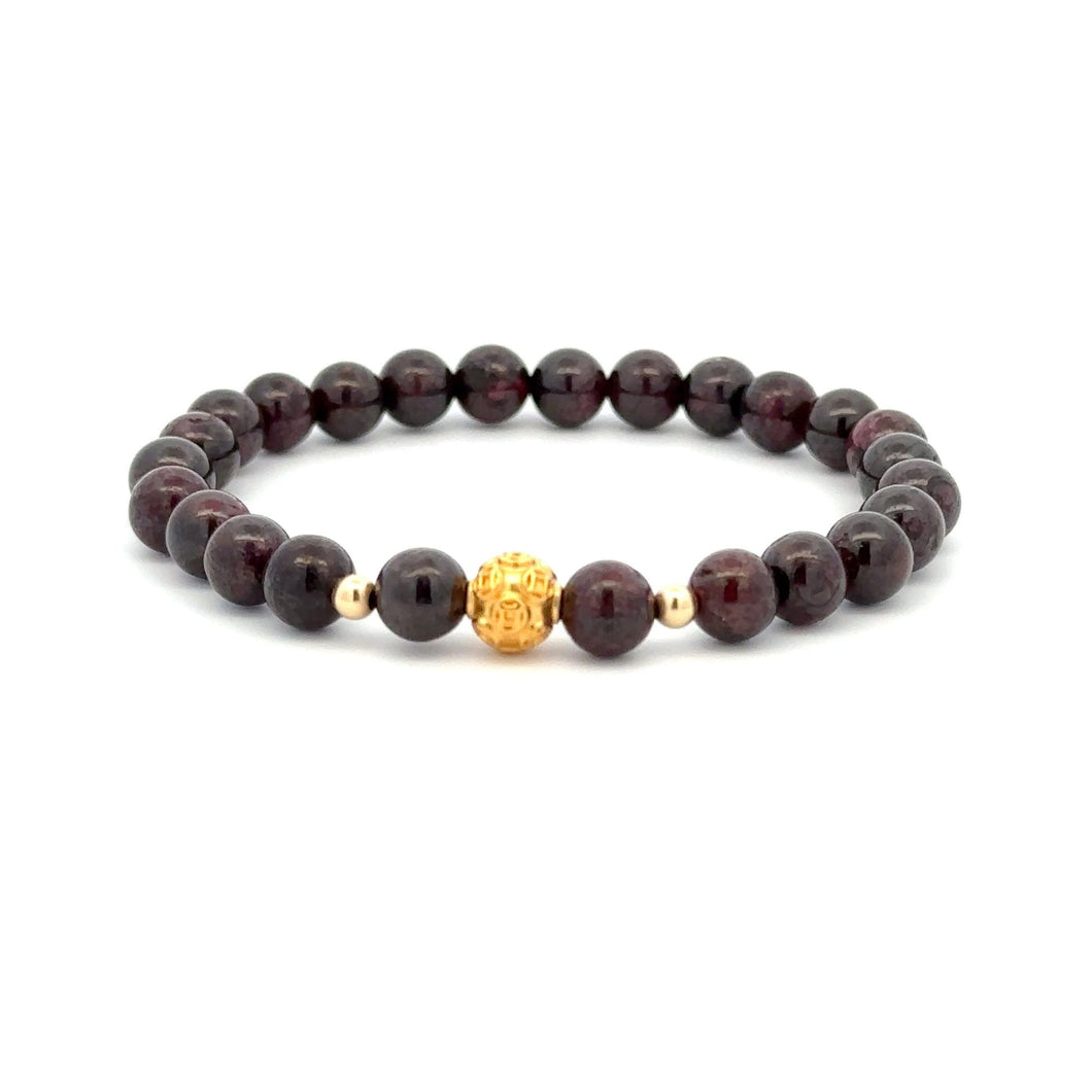 18K Gold Money Ball Lucky Charm Beads Bracelet Gemstones Garnet 6mm - Rafant