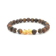 Load image into Gallery viewer, 18K Gold Dragon Pixiu Piyao Lucky Charm Beads Bracelet Gemstones Tiger&#39;s Eye 6mm - Rafant
