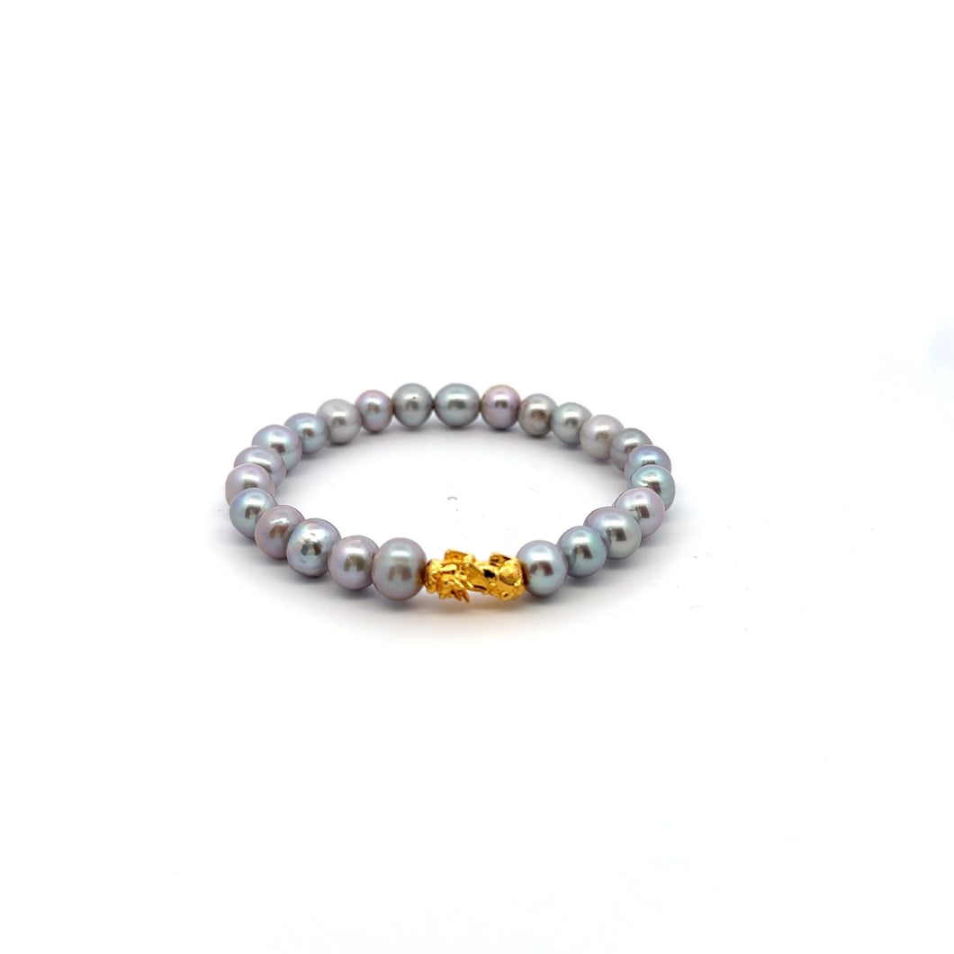 18K Gold Pixiu Piyao Bracelet Gemstones Freshwater Gray Pearls