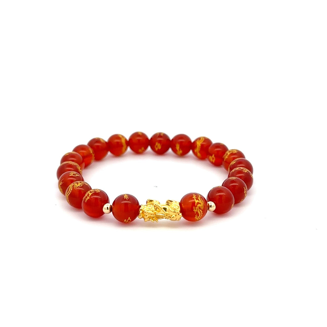 18K Gold Dragon Pixiu Piyao Lucky Charm Beads Bracelet Gemstones Red Agate 8mm - Rafant