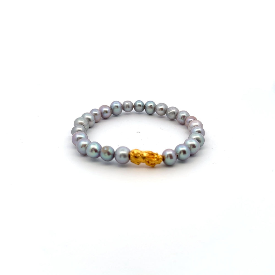 24K Gold Piyao Pixiu Bracelet Freshwater Gray Pearls