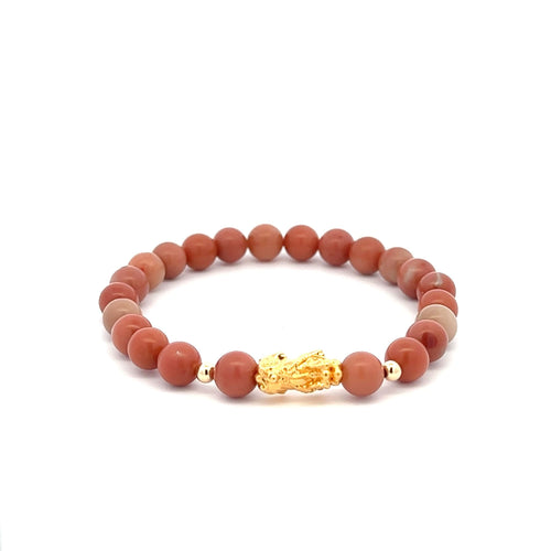 18K Gold Dragon Pixiu Piyao Lucky Charm Bead Bracelet Gemstones Natural Jade Indian Red 6mm - Rafant