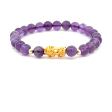 Load image into Gallery viewer, 18K Gold Dragon Pixiu Piyao Lucky Charm Beads Bracelet Gemstones Amethyst 6mm - Rafant
