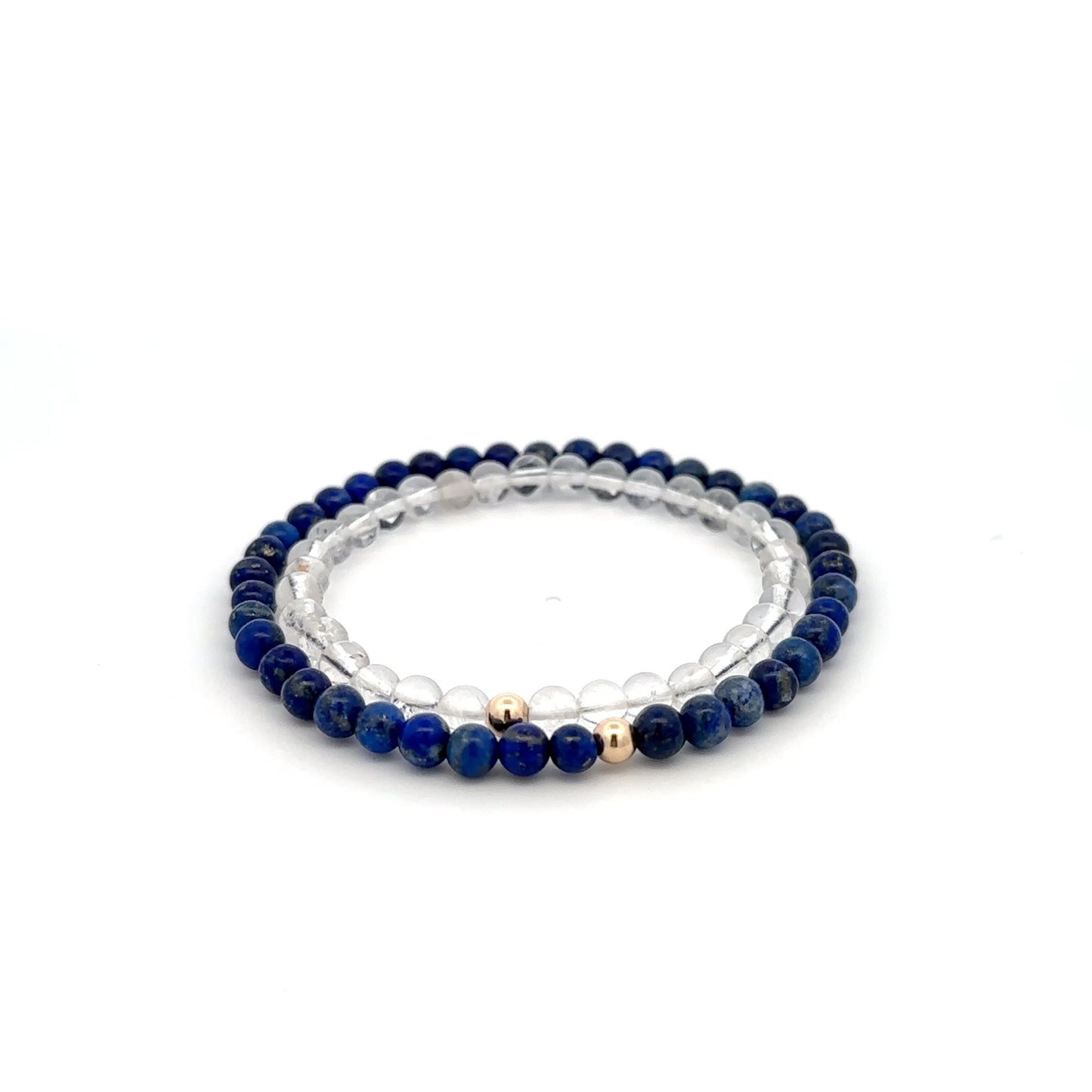 Lapis Lazuli & Clear Quartz Gemstone Stretch Bracelet with 14K Gold Accent Bead Handmade - Rafant