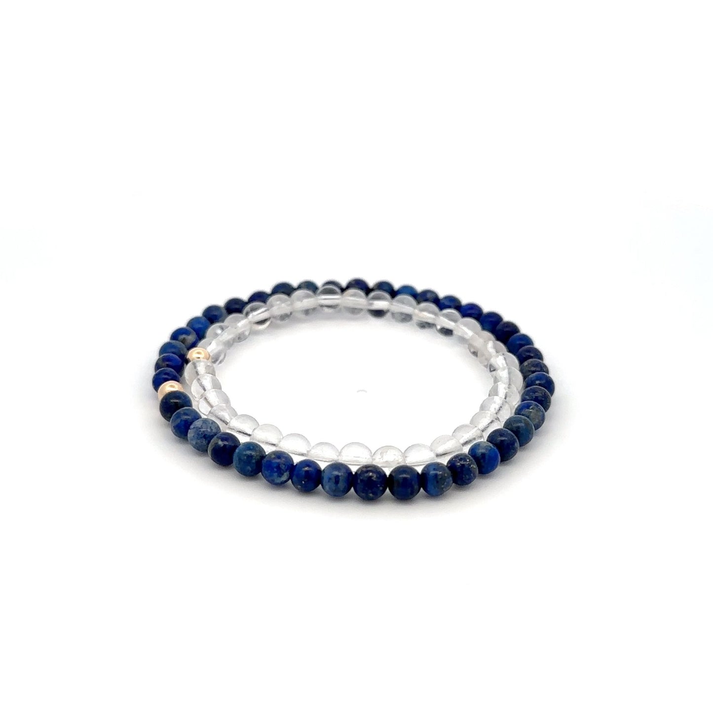 Lapis Lazuli & Clear Quartz Gemstone Stretch Bracelet with 14K Gold Accent Bead Handmade - Rafant