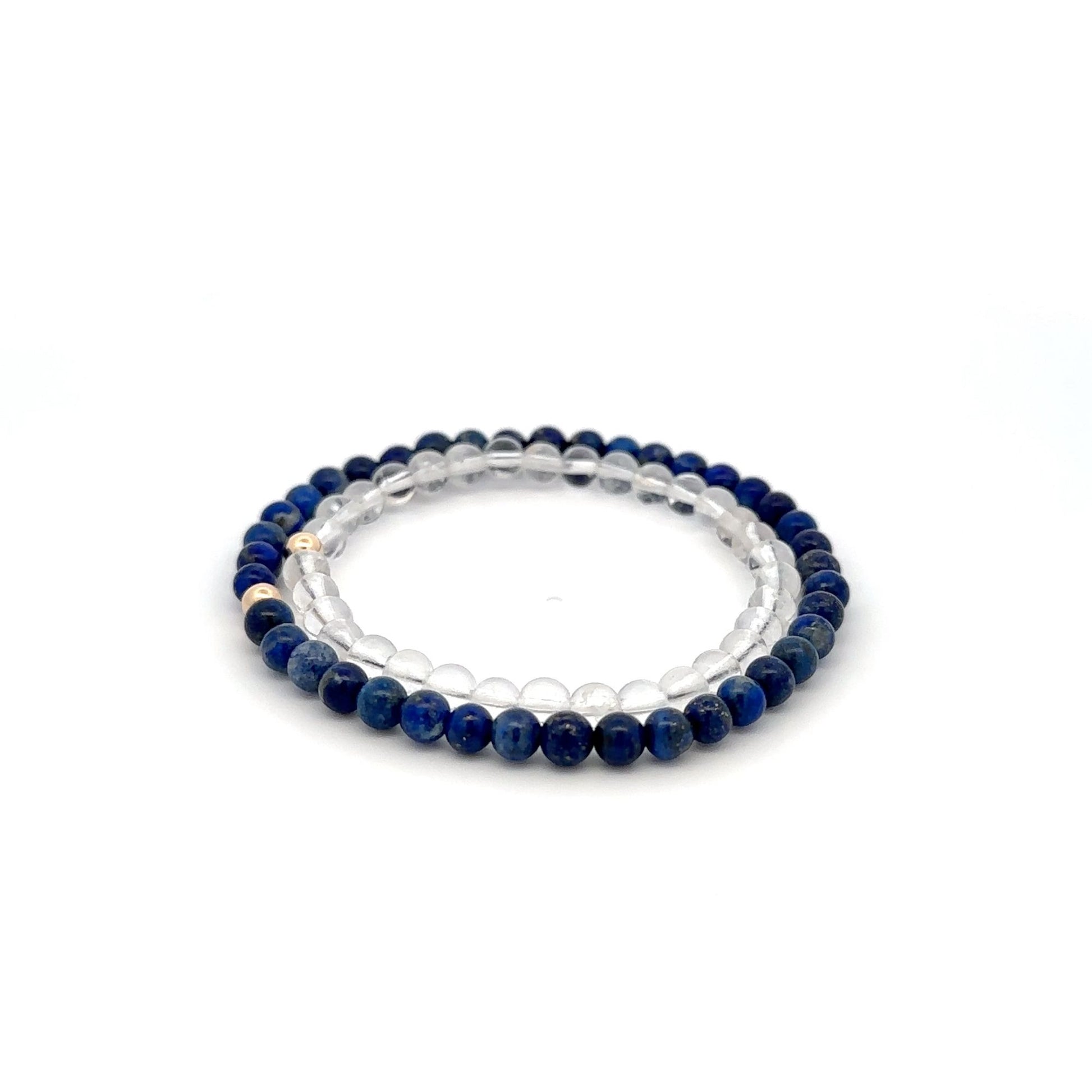 Lapis Lazuli & Clear Quartz Gemstone Stretch Bracelet with 14K Gold Accent Bead Handmade - Rafant