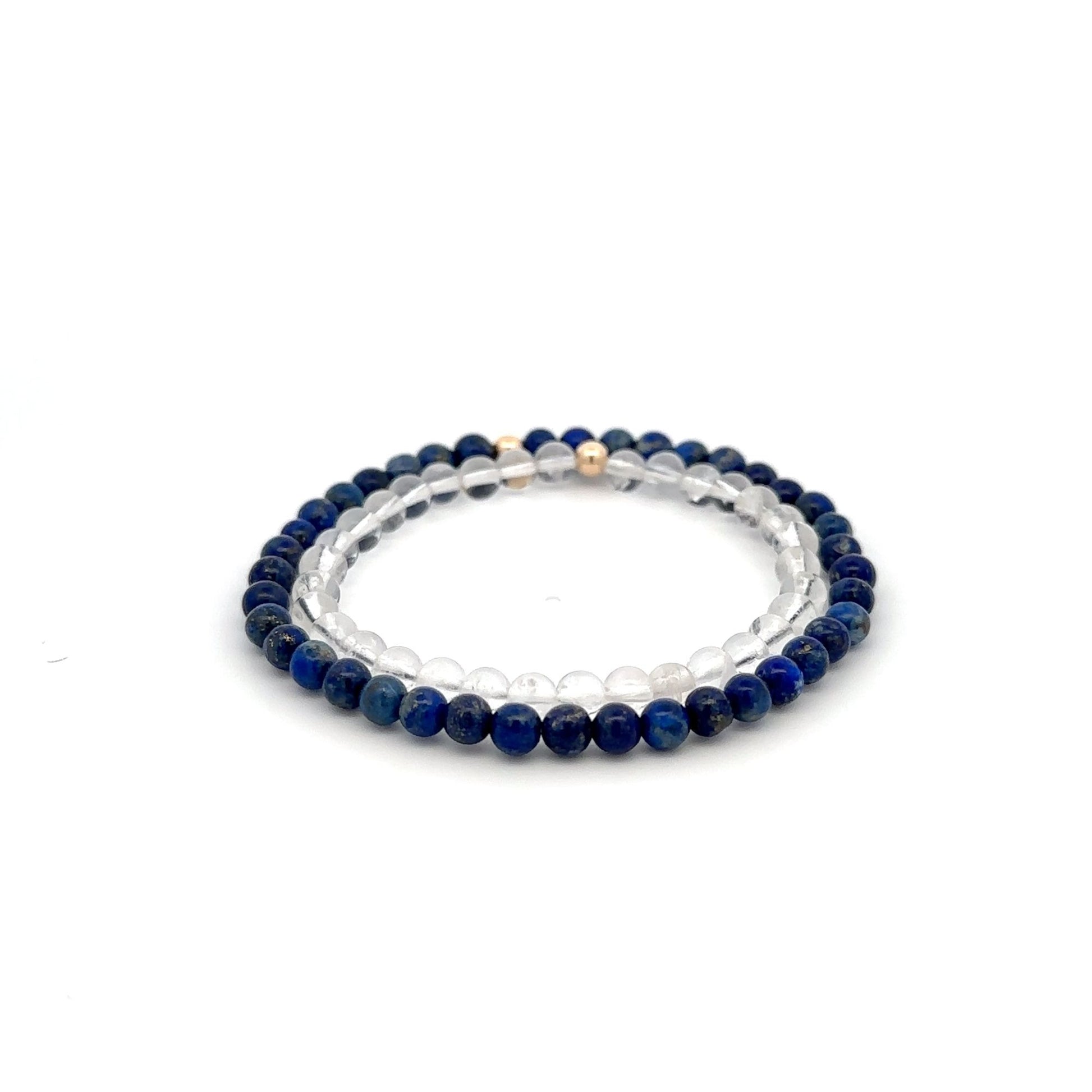 Lapis Lazuli & Clear Quartz Gemstone Stretch Bracelet with 14K Gold Accent Bead Handmade - Rafant