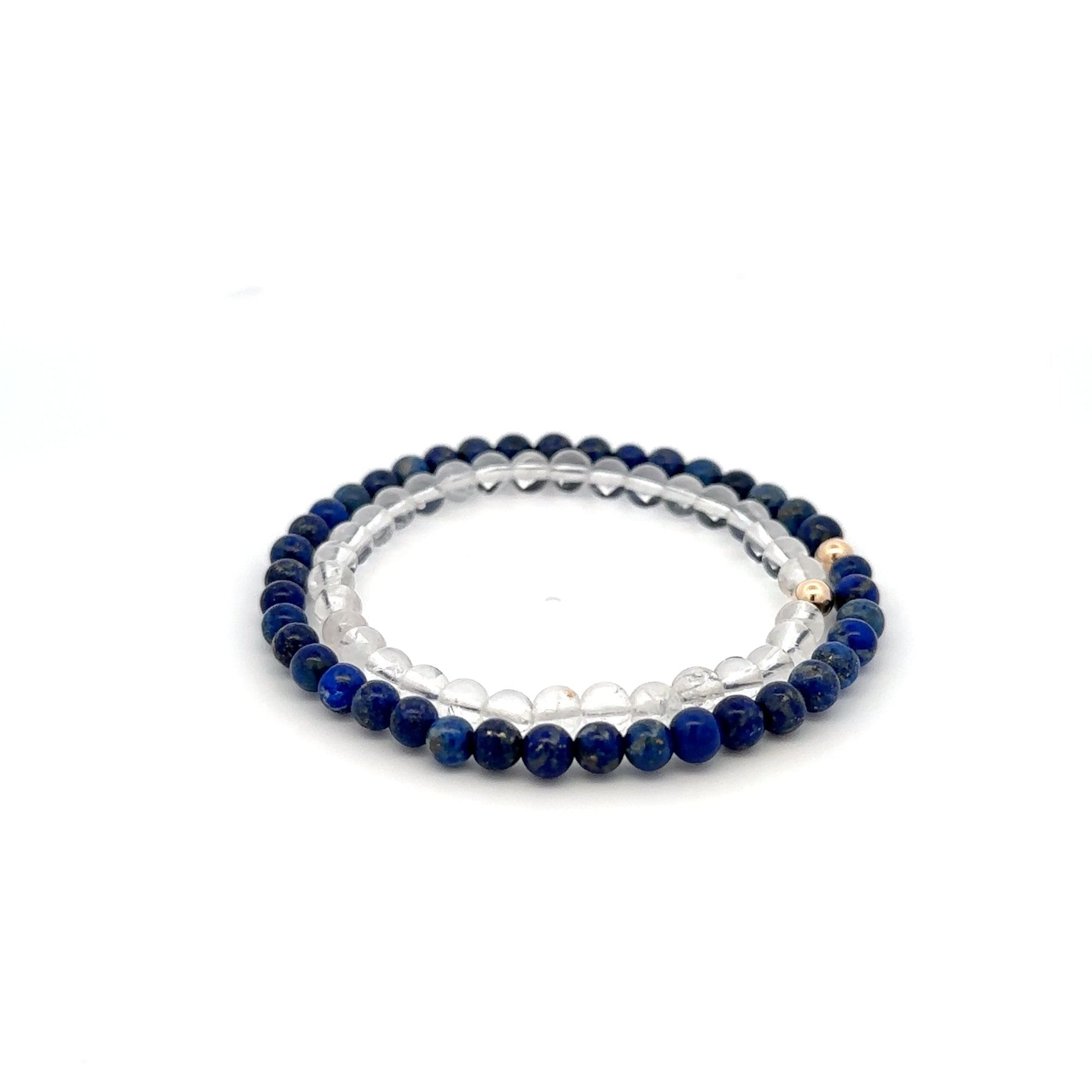 Lapis Lazuli & Clear Quartz Gemstone Stretch Bracelet with 14K Gold Accent Bead Handmade - Rafant