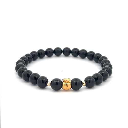 18K Gold Money Bag Lucky Charm Beads Bracelet Gemstones Obsidian 8mm Size 7.5 in - Rafant