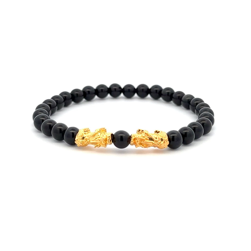 18K Gold Dragon Pixiu Double Piyao Lucky Charm Bracelet Gemstones Obsidian 6mm