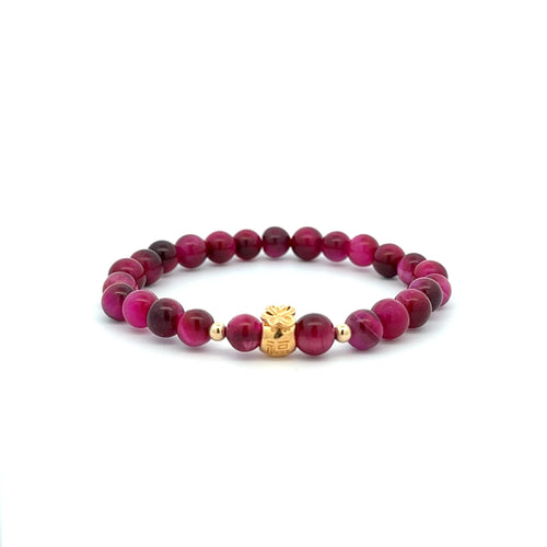 18K Gold Money Bag Lucky Charm Beads Bracelet Gemstones Pink Tiger's Eye 6-6.5mm - Rafant