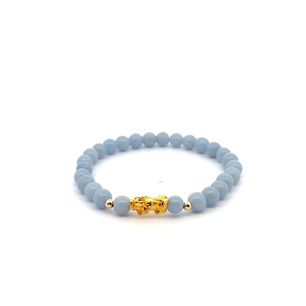 18K Gold Dragon Pixiu Piyao Lucky Charm Bead Bracelet Gemstones Natural Angelite 6mm - Rafant