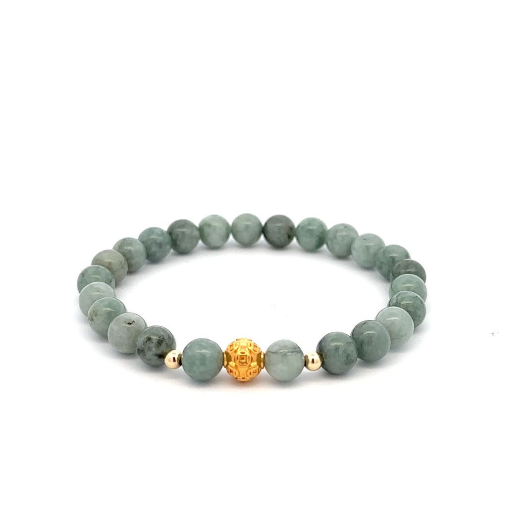 18K Gold Money Ball Lucky Charm Beads Bracelet Gemstones Natural Burmese Jade 6mm - Rafant