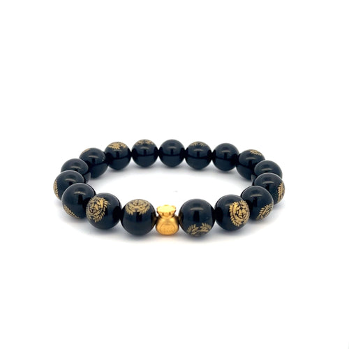 24K Yellow Gold Money Bag Lucky Bracelet Carved Black Agate Gemstones 10mm - Rafant
