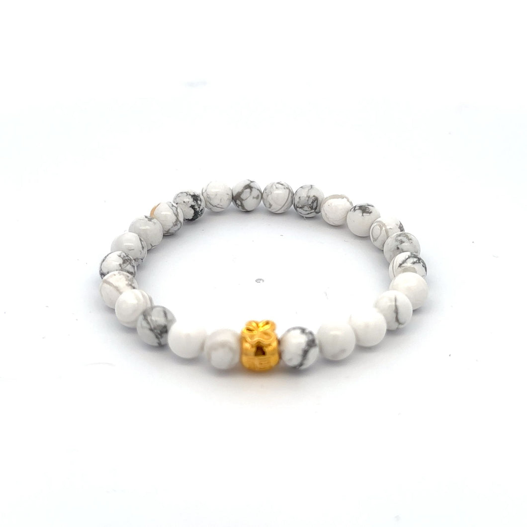 18K Gold Charm Bracelet Natural White Howlite Gemstones 6mm Money Bag - Rafant