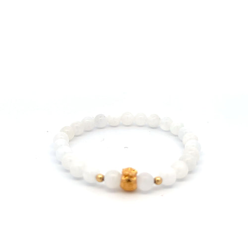 18K Gold Money Bag Lucky Charm Beads Bracelet Gemstones White Jade 6mm - Rafant