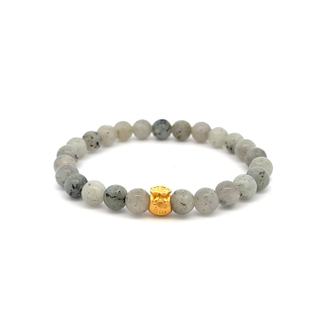 24K Yellow Gold Money Bag Lucky Bracelet Labradorite Gemstones 6mm - Rafant