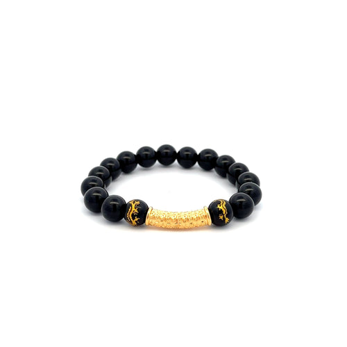 18K Gold Tube Lucky Charm Bracelet Gemstones Black Carved Onyx 8mm - Rafant