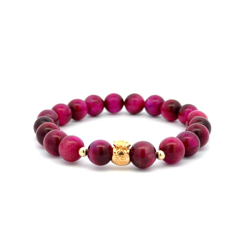 18K Gold Money Bag Lucky Charm Beads Bracelet Gemstones Pink Tiger's Eye 8mm - Rafant