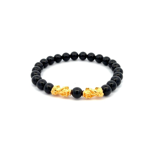 18K Gold Dragon Pixiu Double Piyao Lucky Charm Bracelet Gemstones Black Tourmaline 6mm - Rafant