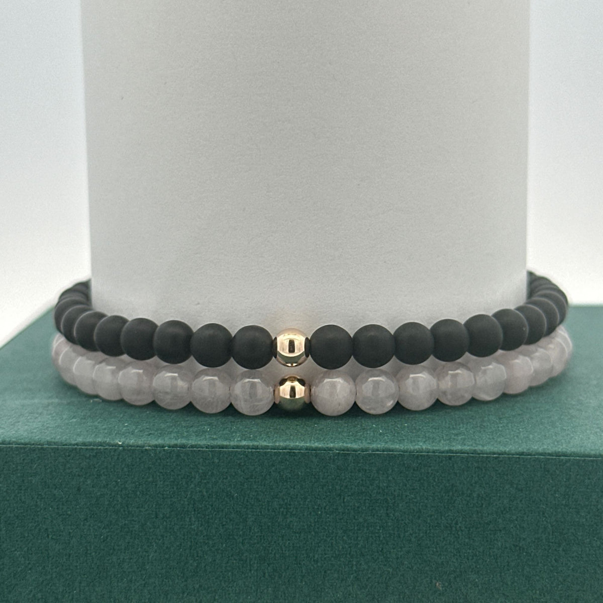 14k Solid Gold 4mm Natural Gemstones Rose Quartz Matte Onyx Adjustable Slider Bracelet Size 5"-9" Minimalist