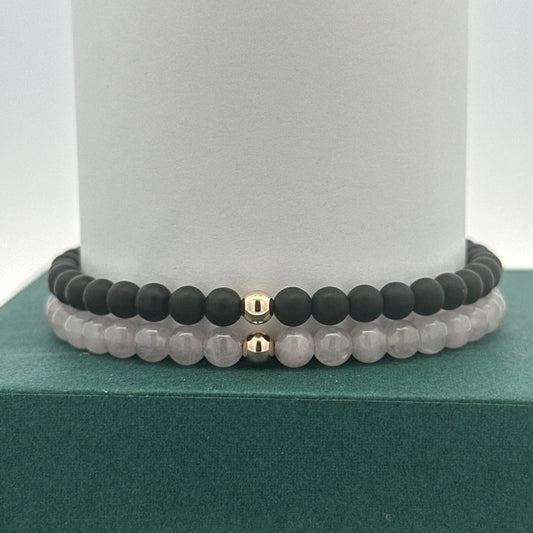 14k Solid Gold 4mm Natural Gemstones Rose Quartz Matte Onyx Adjustable Slider Bracelet Size 5"-9" Minimalist