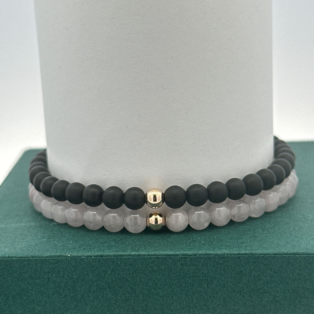 14k Solid Gold 4mm Natural Gemstones Rose Quartz Matte Onyx Adjustable Slider Bracelet Size 5"-9" Minimalist
