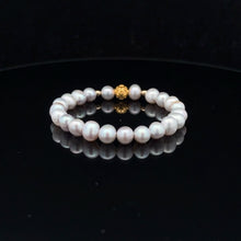 Load image into Gallery viewer, 18K Gold Money Ball Lucky Charm Beads Bracelet Gemstones Freshwater Light Grey Pearl 6mm - Rafant
