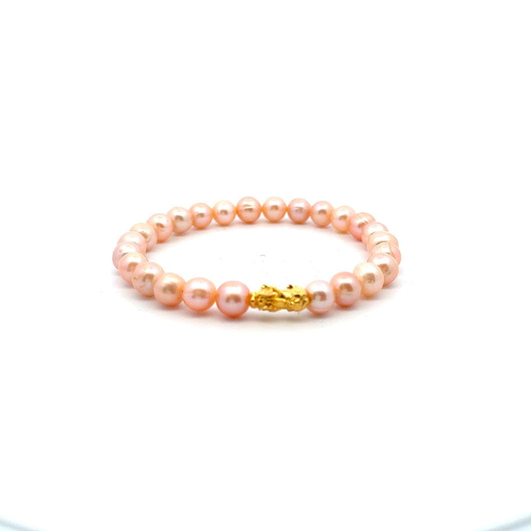 18K Gold Pixiu Piyao Bracelet Gemstones Natural Freshwater Pink Pearls 7-8mm