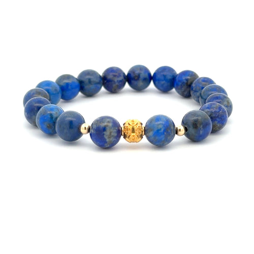 18K Gold Money Ball Lucky Charm Beads Bracelet Gemstones Lapis Lazuli 8mm - Rafant