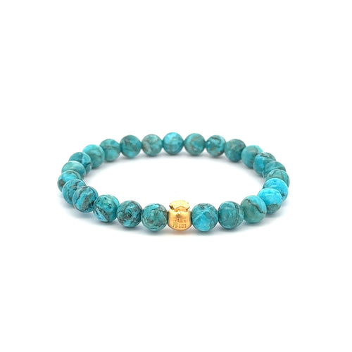 24K Yellow Gold Money Bag Lucky Bracelet Turquoise Gemstones 6mm - Rafant