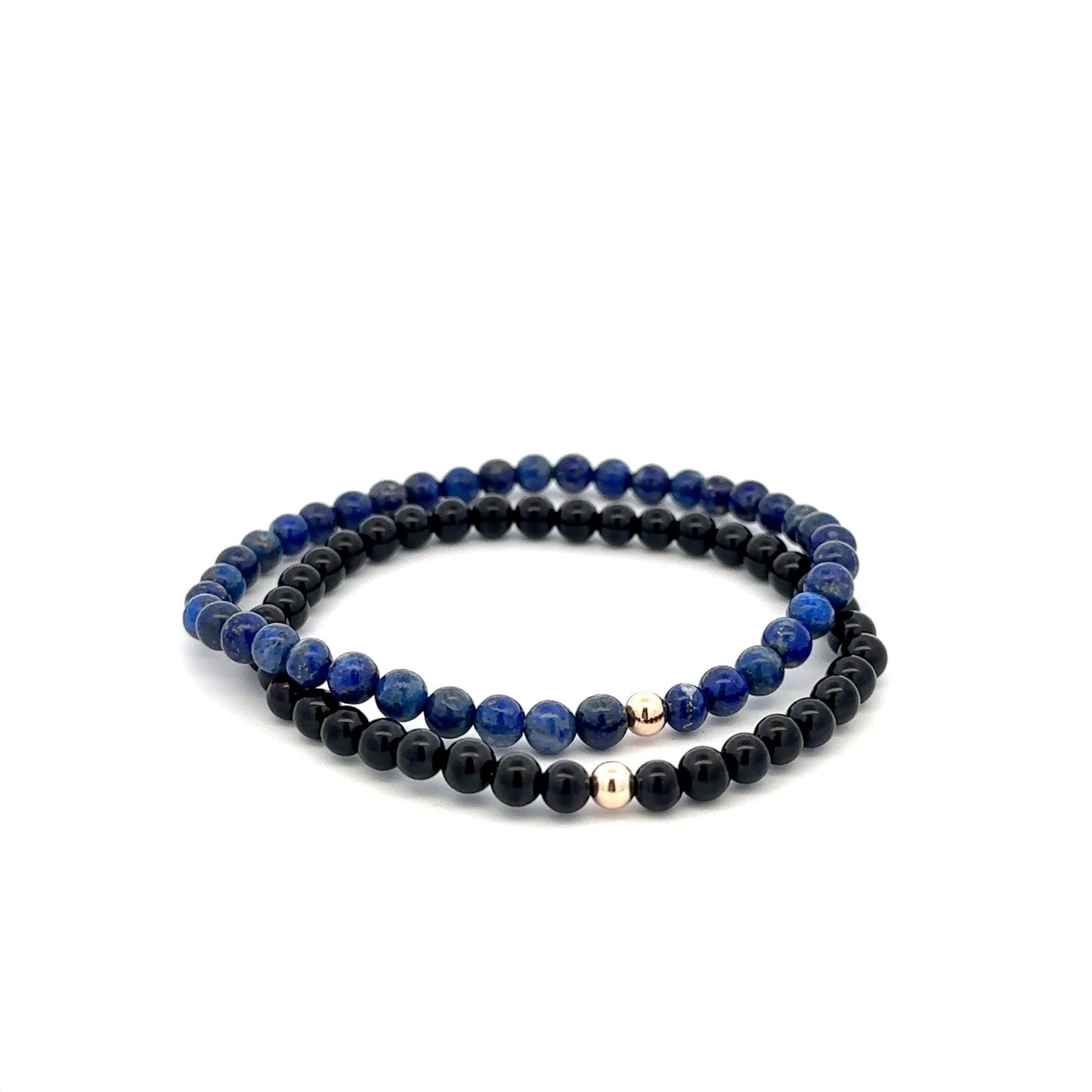 Onyx & Lapis Lazuli Gemstone Stretch Bracelet with 14K Gold Accent Bead Handmade - Rafant