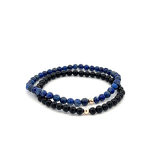 Load image into Gallery viewer, Onyx &amp; Lapis Lazuli Gemstone Stretch Bracelet with 14K Gold Accent Bead Handmade
