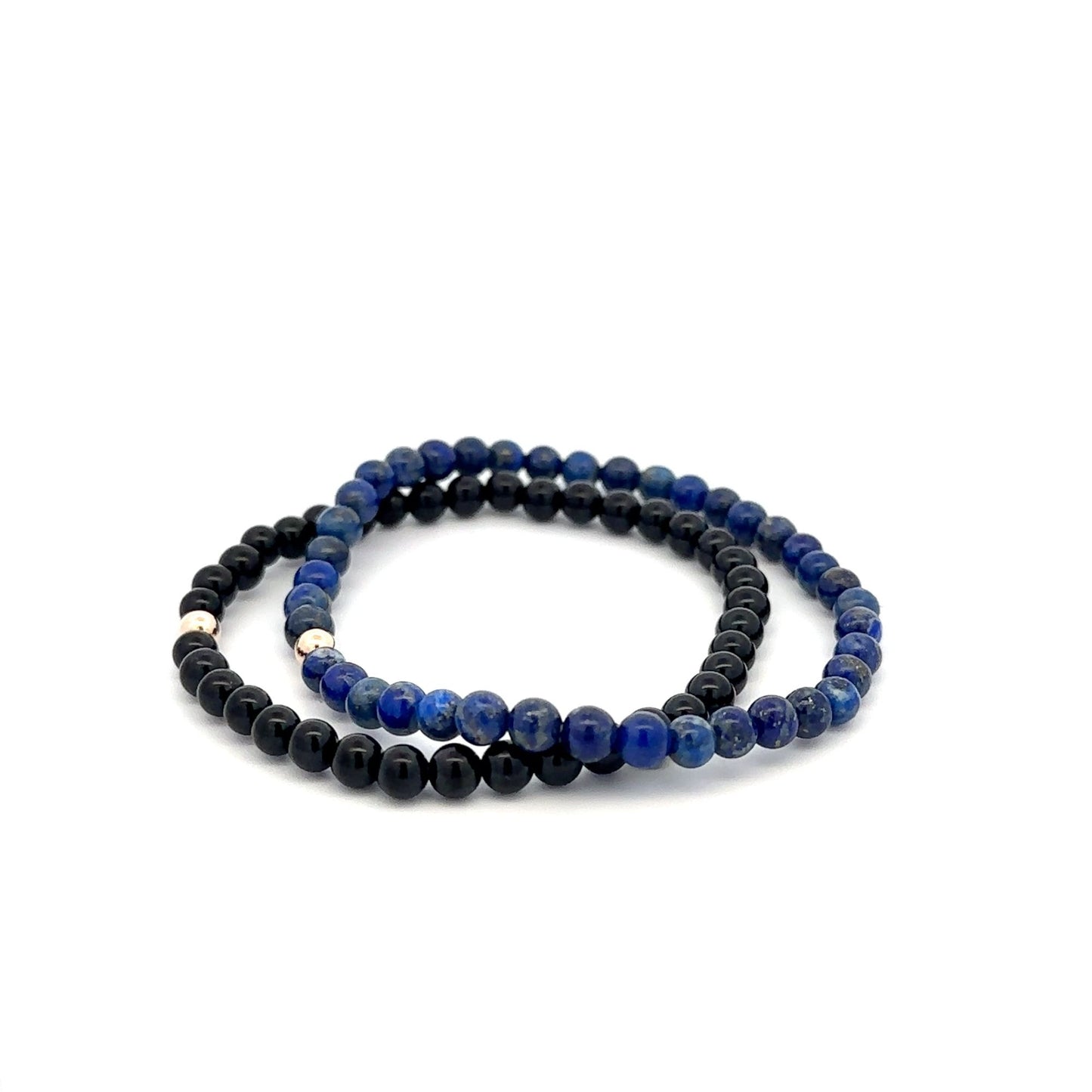 Onyx & Lapis Lazuli Gemstone Stretch Bracelet with 14K Gold Accent Bead Handmade - Rafant