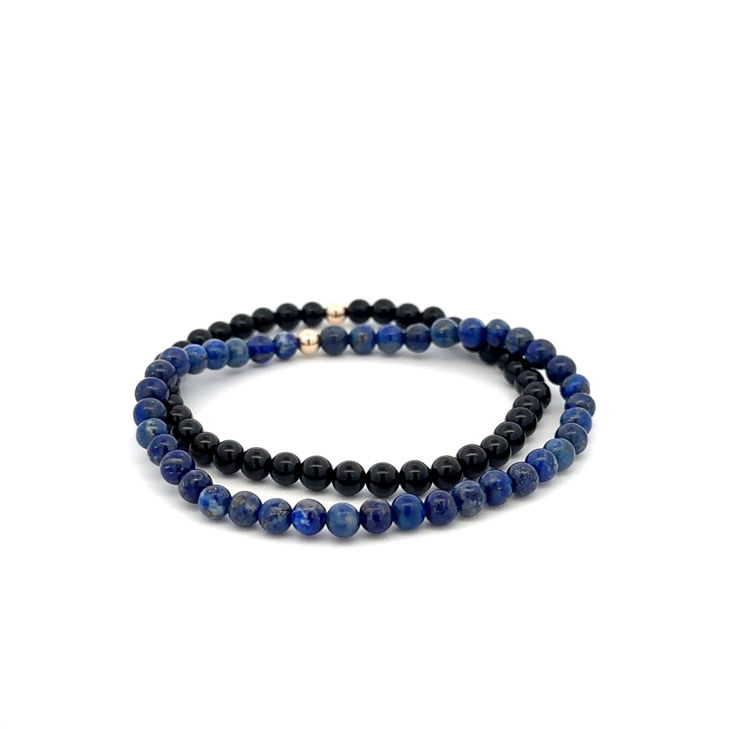 Onyx & Lapis Lazuli Gemstone Stretch Bracelet with 14K Gold Accent Bead Handmade - Rafant