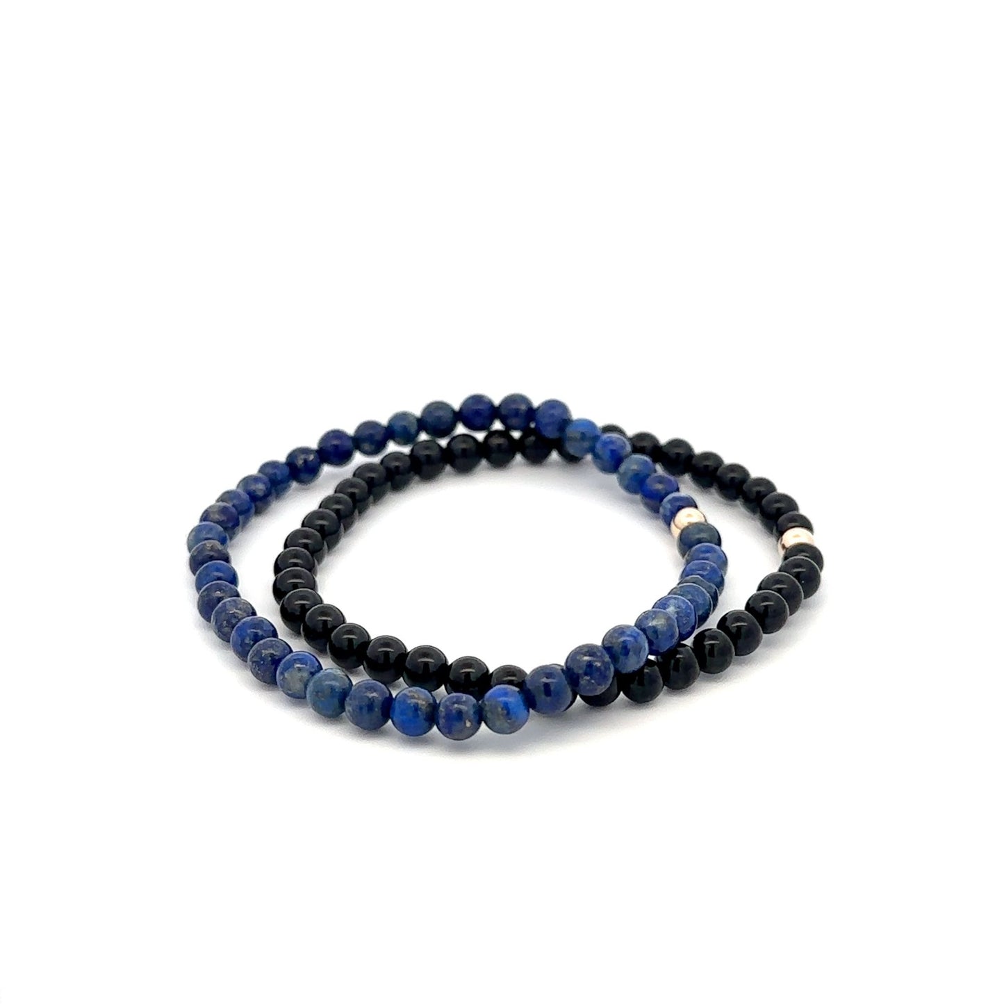 Onyx & Lapis Lazuli Gemstone Stretch Bracelet with 14K Gold Accent Bead Handmade - Rafant