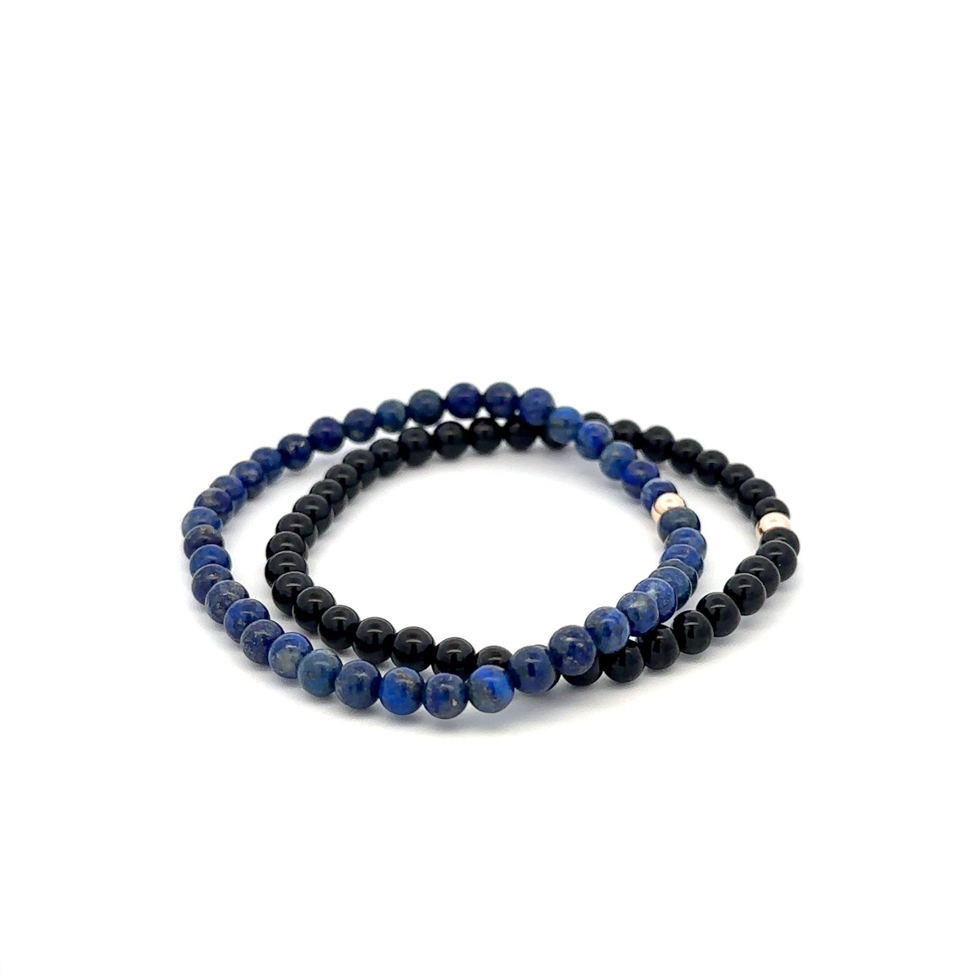 Onyx & Lapis Lazuli Gemstone Stretch Bracelet with 14K Gold Accent Bead Handmade - Rafant